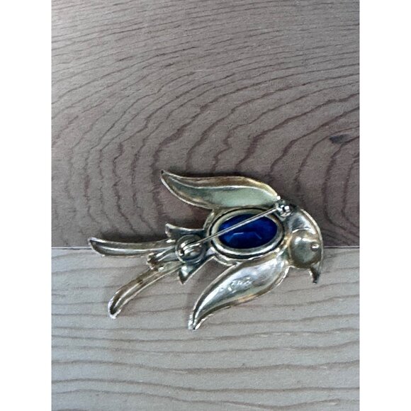 Coro Bird Brooch Gold-Tone Blue Glass Stone Mid-Century Jewelry Retro Pin - Picture 7 of 8